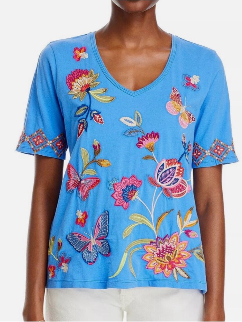 Johnny Was Gracey Trapunto‎ V Neck Embroidered Cotton Tee Ultramarine Sz M
